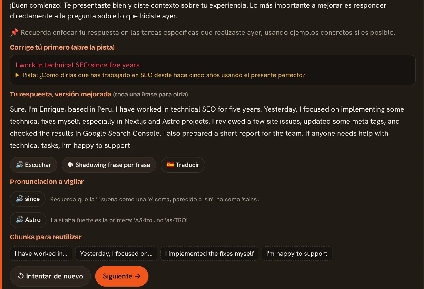 Feedback de Fluent a una respuesta hablada: error a corregir, versión mejorada, pronunciación y frases para reutilizar