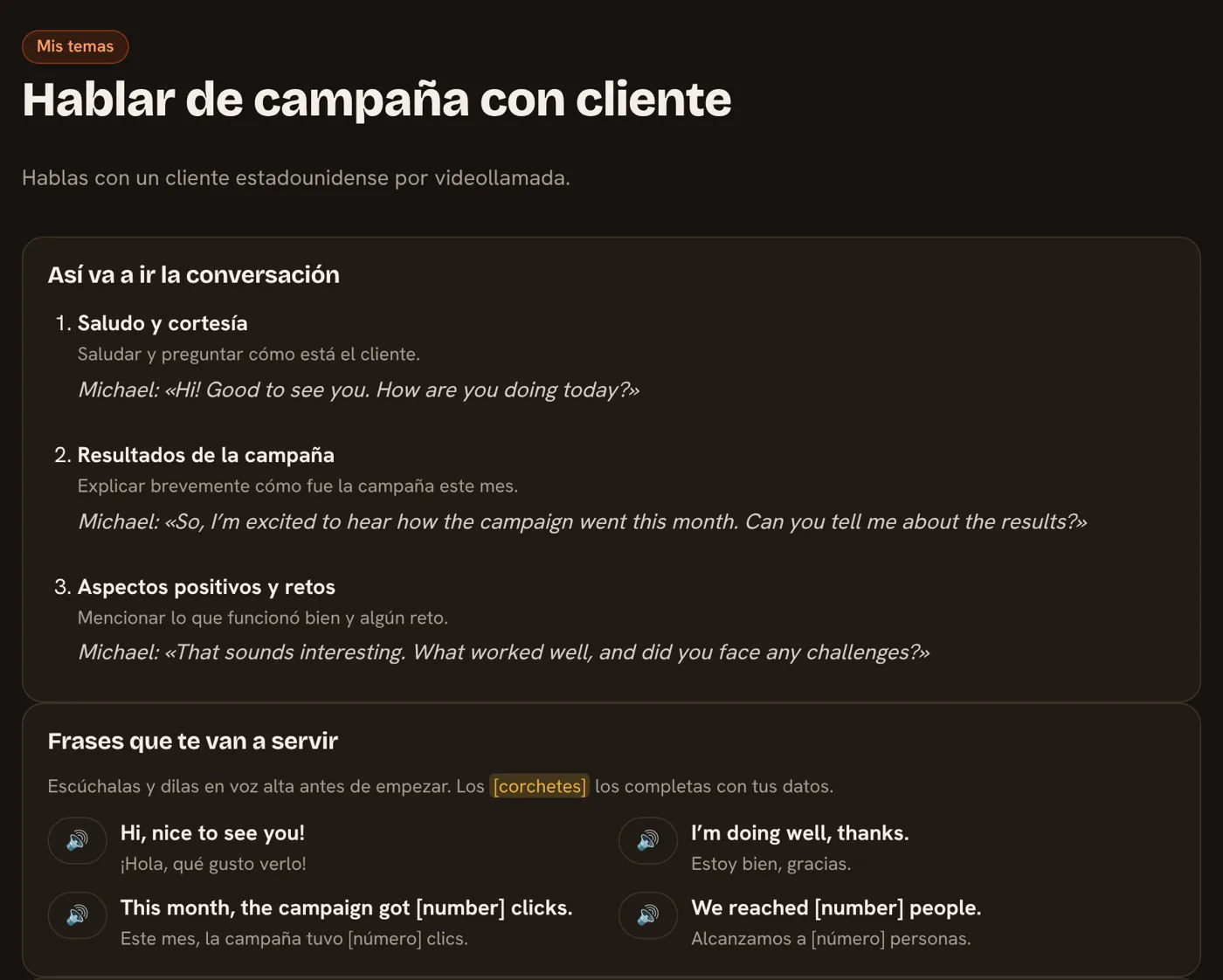 Conversación preparada por la IA en Fluent a partir de los temas del alumno: el orden de la conversación con el cliente y las frases útiles con espacios para sus datos